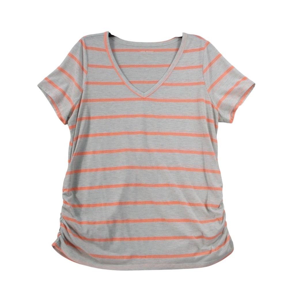 Lane Bryant Ruched Side Tee Grey Orange Striped V-Neck Short Sleeve Top 14/16